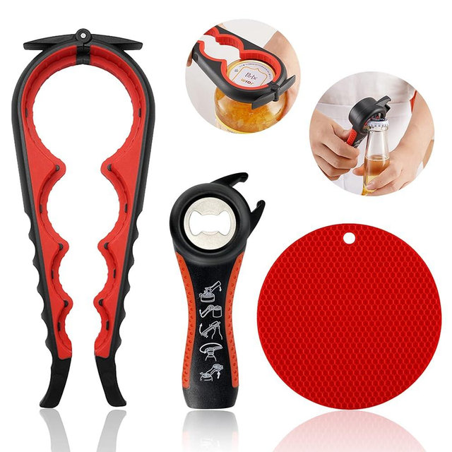 Jar Opener for Weak Hands, Seniors with Arthritis, 5 in 1 Multi Function Bottle Opener Lid Opener For Arthritic Hands with Non Slip Rubber Jar opener Gripper Pad