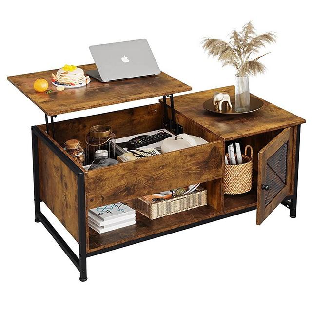 WLIVE Lift Top Coffee Table with Storage,Hidden Compartment and Open Shelf,Living Room Tables with Metal Mesh Door Cabinet for Home, Office，Rustic Brown.