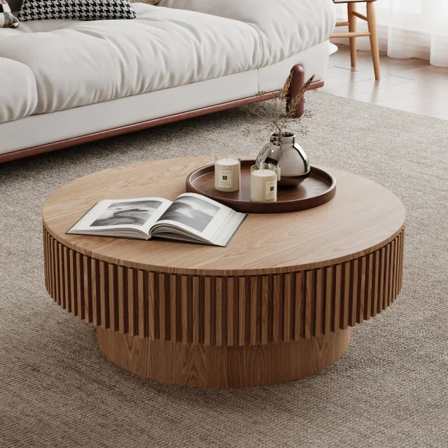 31.5" Round Coffee Table with Hidden Storage, Minimalist Fluted Accent Table Center Table, Natural - ModernLuxe