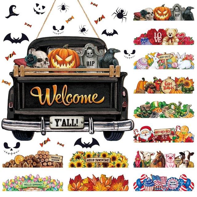 Interchangeable Welcome Sign Black Truck Decor Hanging Sign Farmhouse Seasonal Welcome Signs Rustic Interchangeable Holiday Decor with 12 Holiday Icons for 4th of July Summer (Black Front Style)