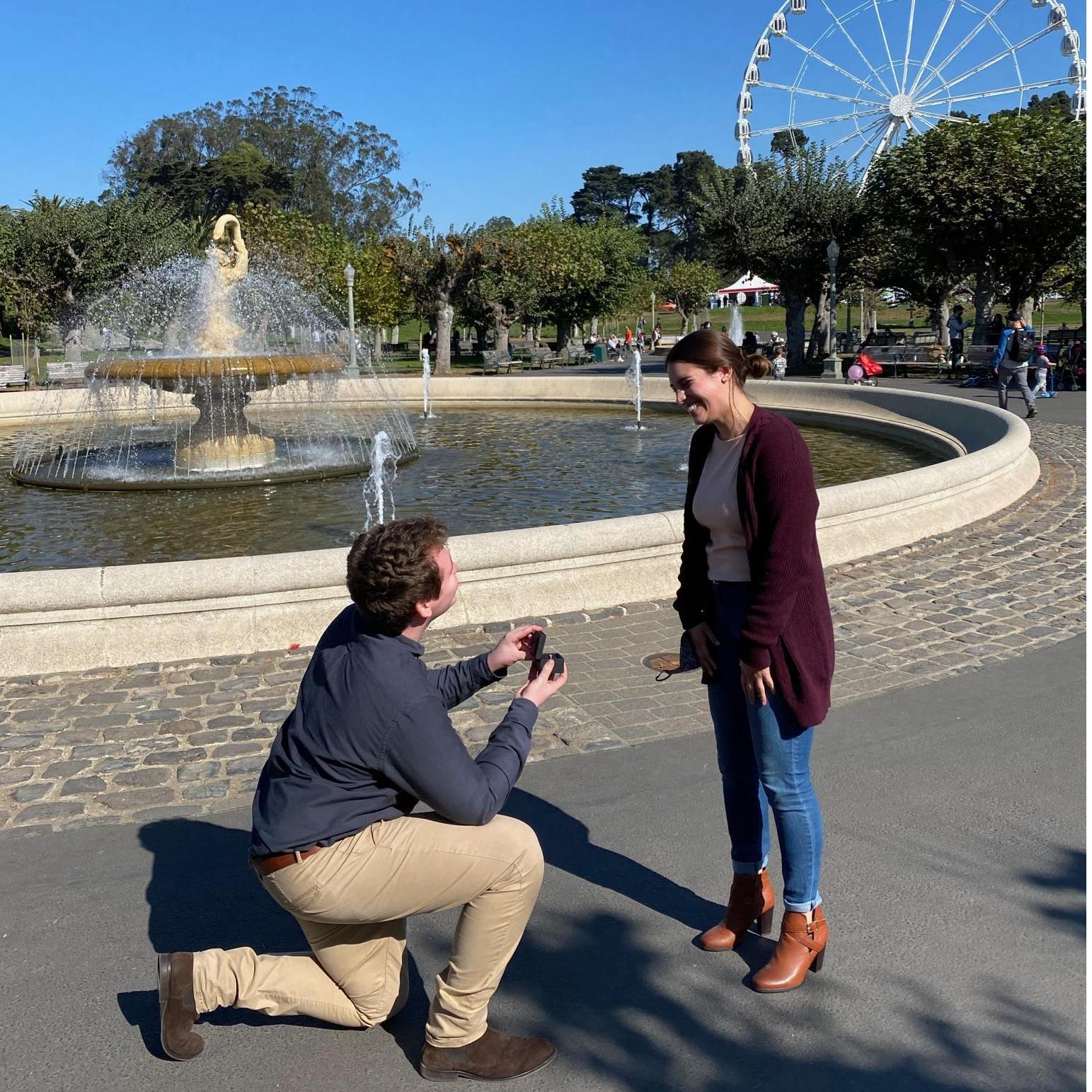 Engaged in San Francisco Golden Gate Park in front of the Academy of Sciences, where we spent our second date!