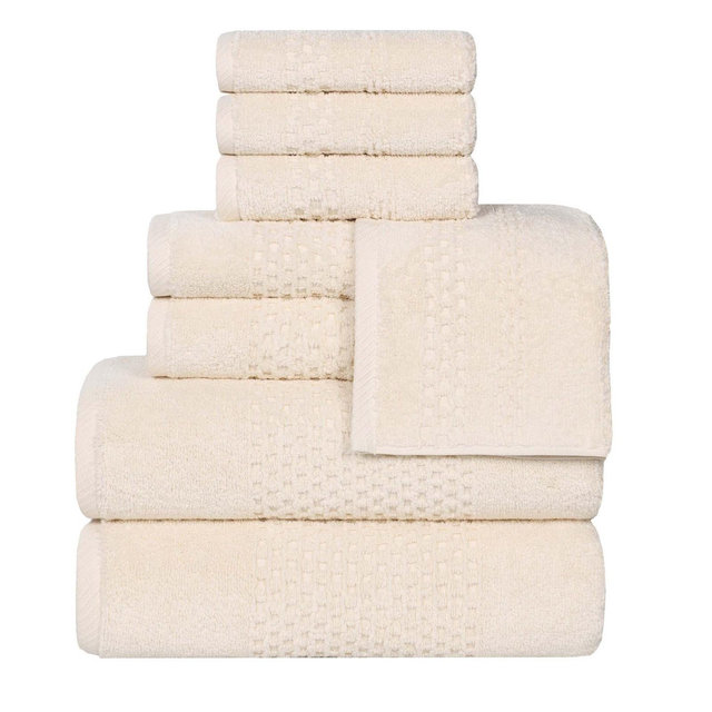 Zero Twist Waffle Textured Cotton Medium Weight 8 Piece Towel Set, Ivory - Blue Nile Mills