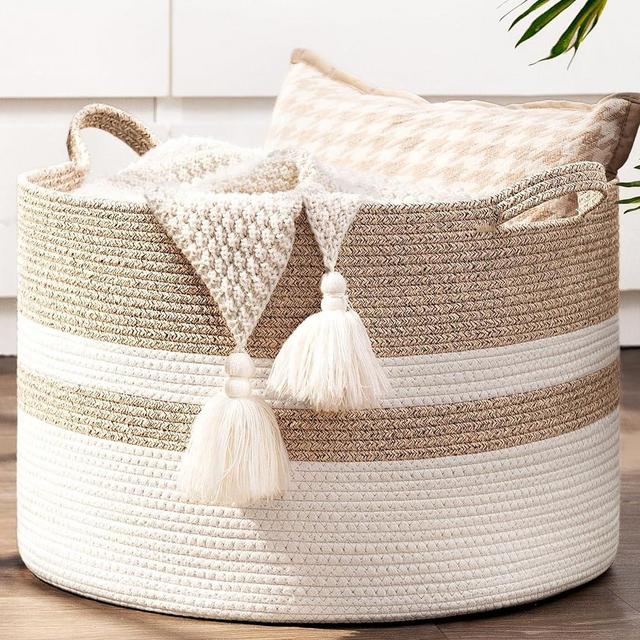 INDRESSME Large Blanket Basket Cotton Rope Storage Basket with Handle Woven Laundry Basket in Living Room Kids Toy Basket Shoe Basket for Entryway, White & Light Brown