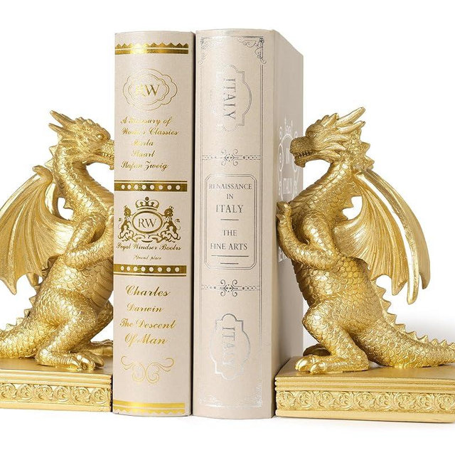 BOIHEGU Dragon Statue Decorative Bookends for Shelves, Regal Gold Dragon Statue Home Office Decoration, Fantasy Dragon Figurine Enthusiasts Gifts
