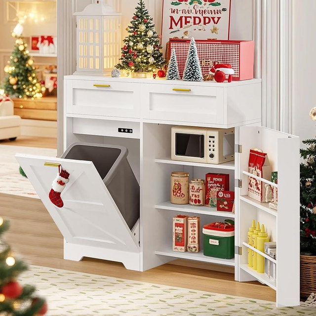 VECELO Tilt Out Trash Can Cabinet, 10 Gallon Cabinet Trash Can with 2 Drawers, Hidden Garbage Can Cabinet Recycling Trash Can Storage with Charging Station, Pet Proof, White