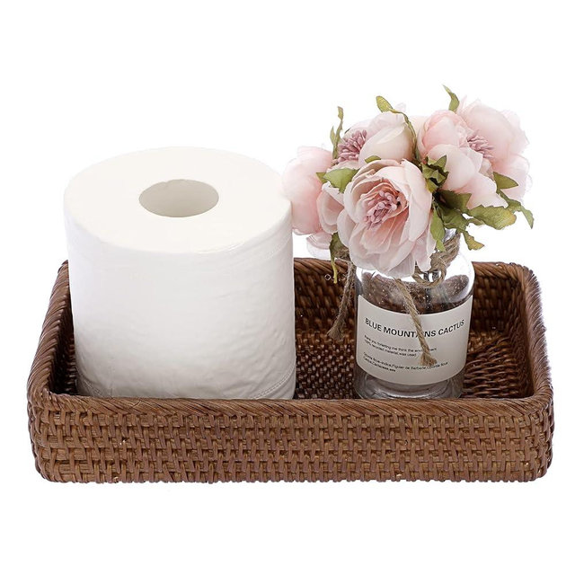 Sumnacon 10 Inch Rattan Bathroom Vanity Tray - Decorative Wicker Toilet Tank Tray for Paper Hand Towel, Vintage Storage Basket Bin for Bathroom Kitchen Toilet Tank Vanity Countertop Table Shelf, Brown