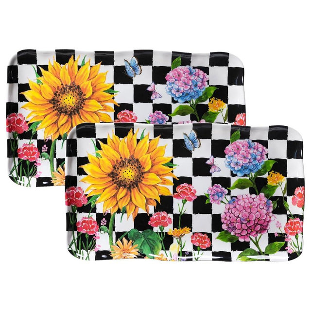 LEHAHA Rectangular Melamine Sunflower Serving Tray, 2-Piece Hydrangea Serving Platter Set, 17.5" x 10" Colorful Trays/Platters Sets for Outdoor and Indoor Dining and Entertaining Parties,Black Plaid