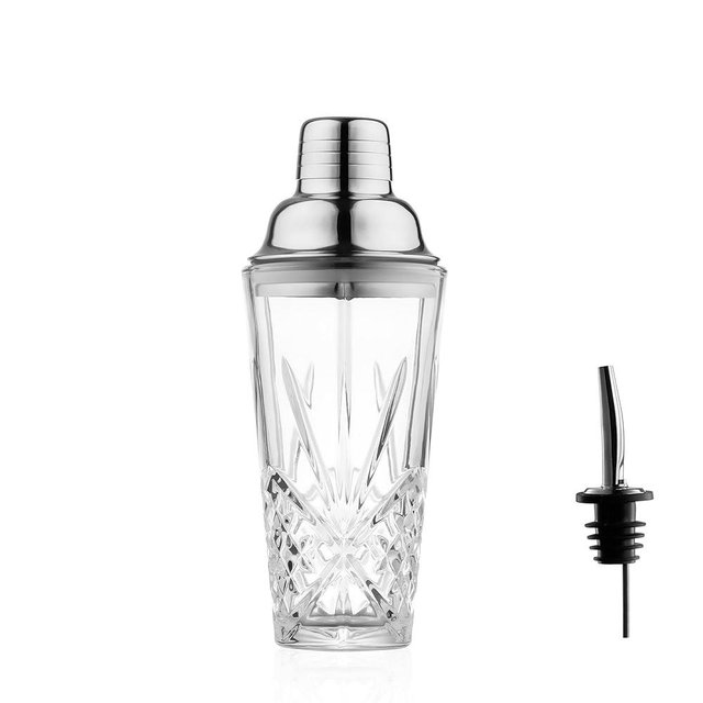 Fioance Glass Cocktail Shaker, 15oz Cutting Design - Exquisite Martini Shaker for Elevated Mixology. Perfect for Crafting Artisan Cocktails, Martinis. (Set of 1x15oz Shaker & 1x Silvery Pourer)