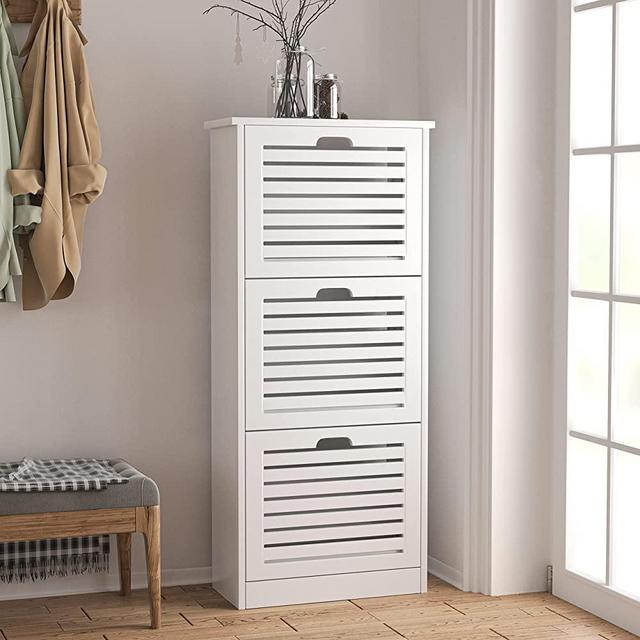 TENNTOU 3 Flip Drawers Shoe Storage Cabinet, Free Standing Shoe Rack, White Wood Slim Shoe Organizer Cabinet for Entryway, Hallway, Bedroom