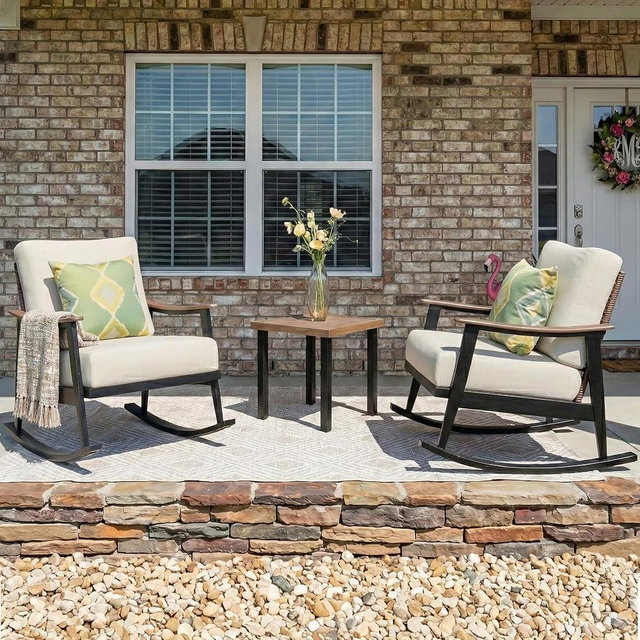 NATURAL EXPRESSIONS Rocking Bistro Set,3 Piece Wicker Patio Furniture Set with 2 Outdoor Rocker Chairs,Rattan Back,Aluminum Wood-like Armrest,Sturdy Metal Frame,6" Soft Cushions for Porch,Balcony,Yard