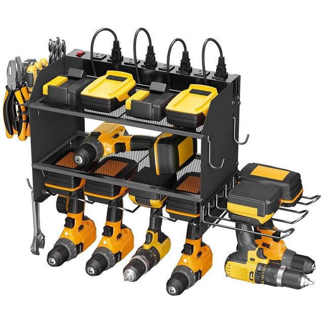 CCCEI Modular Power Tool Organizer Wall Mount Charging Station, Black 6 Drills Holder with 8 Plug Power Strip 10FT, Garage Drill Battery Heavy Duty Metal Shelf, Utility Rack with Hooks, Side Storage.