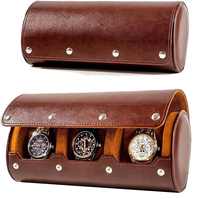 MR.OKAY 3 Watch Travel Case- Classic Leather Watch Case With Superb Texture.Portable Watch Roll Or Organizer For Storage And Display. Men's Great Gift For Traveling, 100% Handmade by Artisans.
