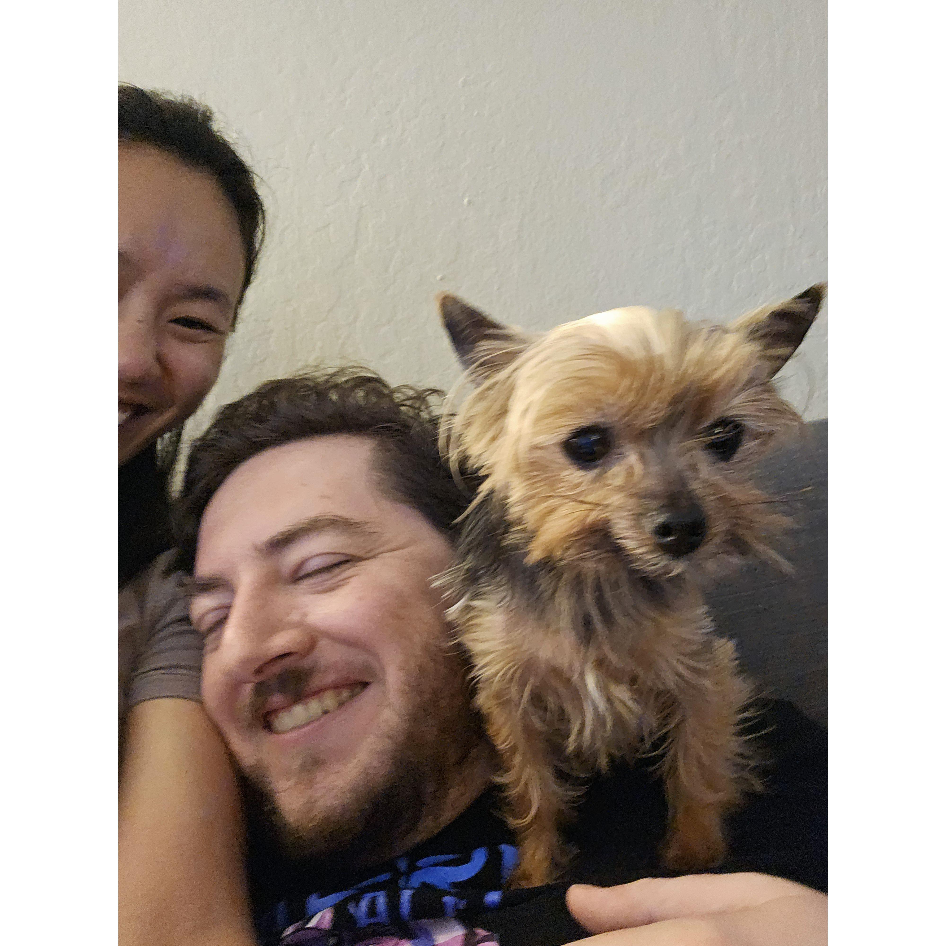 Family photo, Juju cosplaying as a parrot on Nick's shoulder