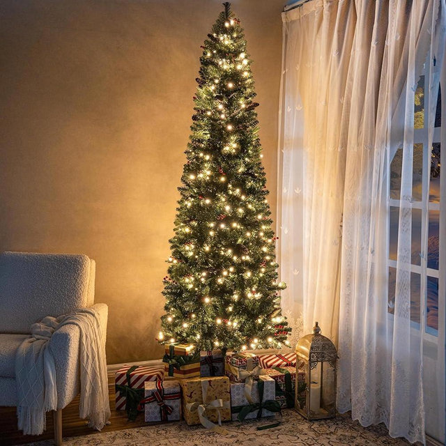 Belen 6.5ft Pencil Christmas Tree Prelit pre-Decorated with Pine Cones, Red Berries, 754 Branch Tips, 250 Warm Lights and Metal Stand, 30" Wide Skinny Christmas Tree with Lights by Naomi Home
