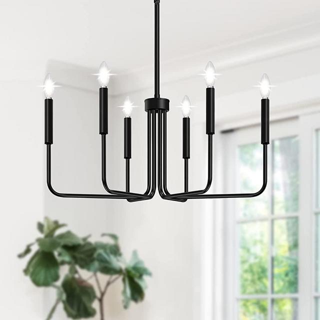 Black Chandelier, 6-Light Farmhouse Chandelier for Dining Room Lighting Fixtures Hanging, Candle Chandelier Light Fixtures Rustic Industrial Modern Chandelier for Bedroom, Foyer and Living Room