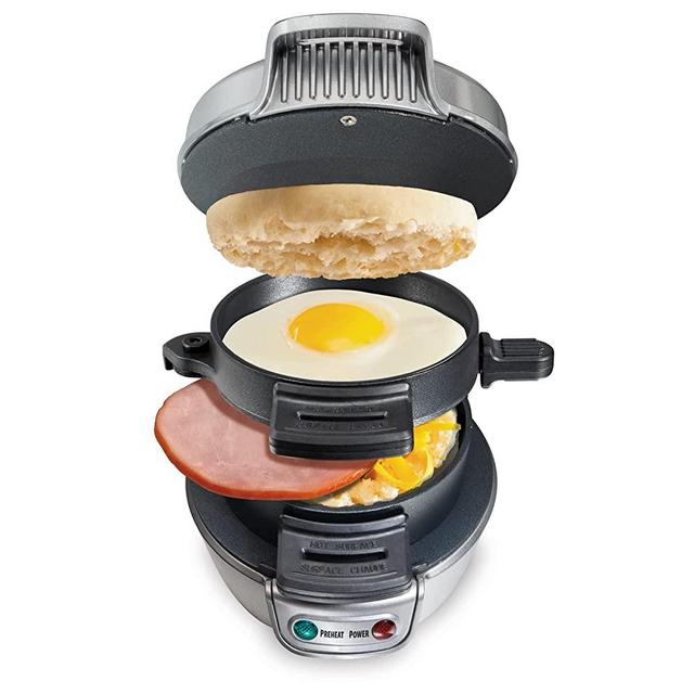 Hamilton Beach Breakfast Sandwich Maker with Egg Cooker Ring, Customize Ingredients, Perfect for English Muffins, Croissants, Mini Waffles, Single, Silver (25475),Gray