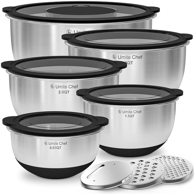 Mixing Bowls Set with Airtight Lids - Non-Slip, Warp-Proof TPR-AS Lids, Thicker Stainless Steel Bowls, Measurement Lines & 3 Graters, Prep Meal Bowl, Black Nesting Bowl for Kitchen, 5/3/2/1.5/0.63QT