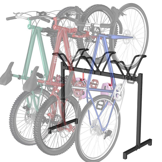 Sttoraboks 3 Bikes Floor Stand, Adjustable Bicycle Parking Rack with Hook for Garage, Indoor, Outdoor, Metal Cycle Storage Organizer Rack for Mountain, Road and Kids Bikes, Max Tire Width 2.5”, Black