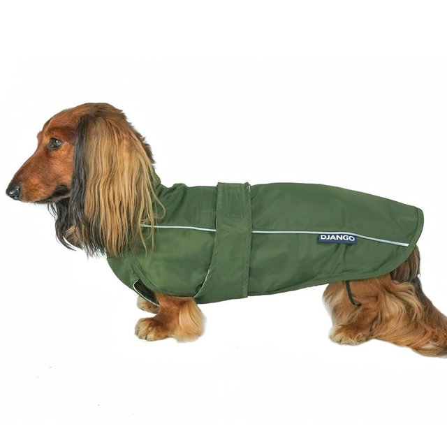DJANGO City Slicker Waterproof Dog Raincoat and Lightweight Jacket for Long Dogs - Full Coverage Puppy Coat and Reflective Rain Slicker and Windbreaker - Adjustable with Harness Hole (Kombu, Medium)