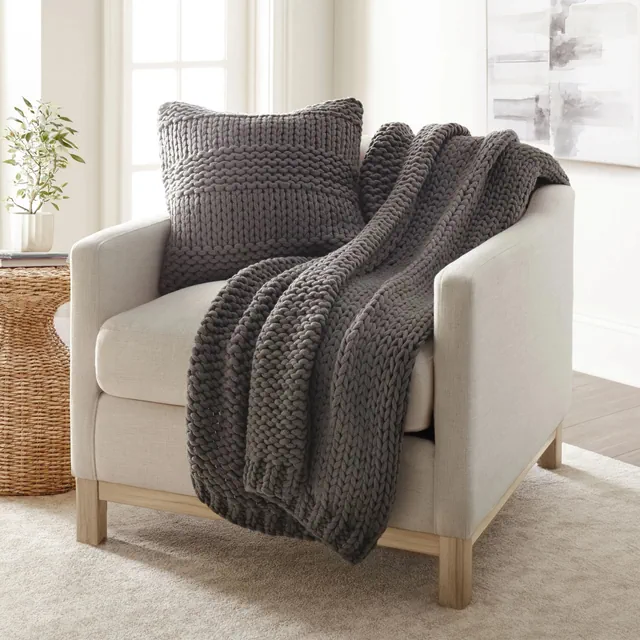 Chunky Knit Throw Blanket and Decor Pillow Bundle - Becky Cameron, Gray, Throw