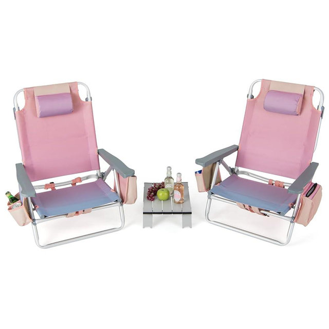 Giantex Beach Chair and Table Set - 3 PCS Folding Camping Chair with Aluminum Table, 5 Adjustable Position, Patio Sling Chairs, Backpack Lawn Chair for Fishing, Travelling Sunbathing Chairs Set, Pink