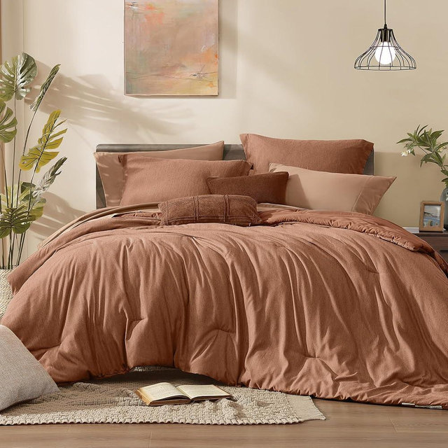 Monbix Oversized Queen Comforter Set - 7 Pieces Cationic Dyeing Autumn Leaf Bed in a Bag Bedding Sets with Comforter, Sheets, Pillowcases & Shams, Reversible Bedding Comforters Sets