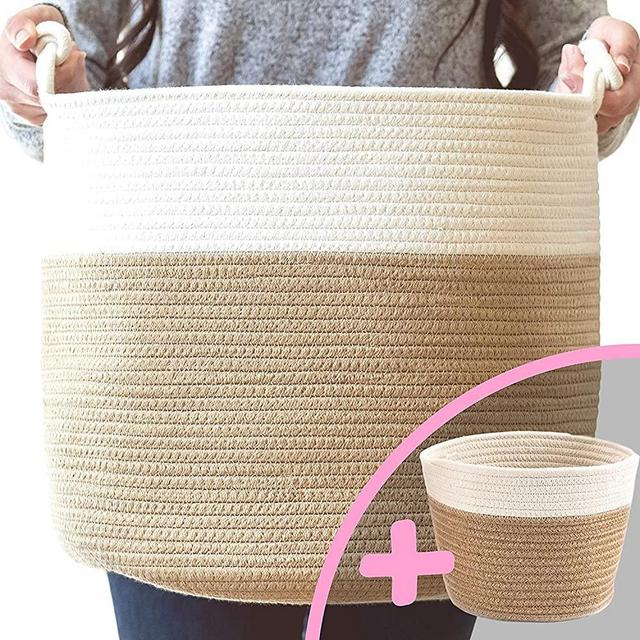 Little Hippo 2pc Large Cotton Rope Basket (15"x14") 100% Natural Cotton! Rope Basket, Woven Storage Basket, Large Basket, Blanket Basket Living Room, Toy Basket, Pillow Basket, Round Basket