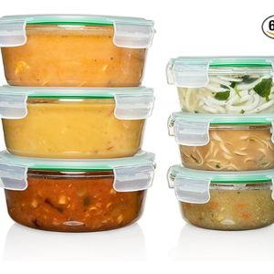 Fusion Gourmet Round Glass Storage Containers with Lids [6 pack] Microwave Safe, Leak-proof, Dishwasher Safe, Oven Safe for Meal Prep Tupperware Set (3 Large + 3 Small, Green)