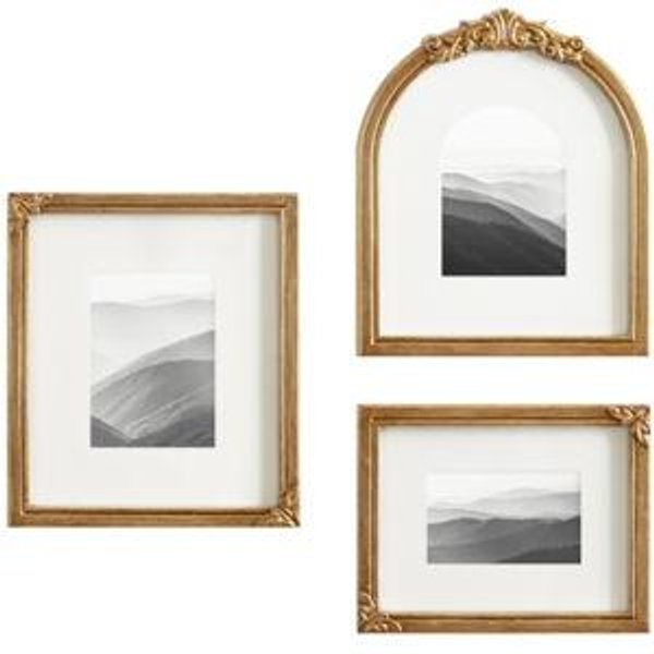 Kate and Laurel Arendahl Three-Piece Picture Frame Set, Antique Gold, Set of 3, Varying Sizes, Vintage Rectangle and Arched Photo Frame Set for Use as Gallery Wall Frames