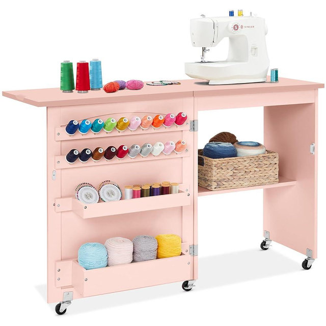 Best Choice Products Folding Sewing Table Multipurpose Craft Station & Side Desk with Compact Design, Wheels, Shelves, Storage Trays, Pegs, Magnetic Doors, Metal Doorknobs - Pink