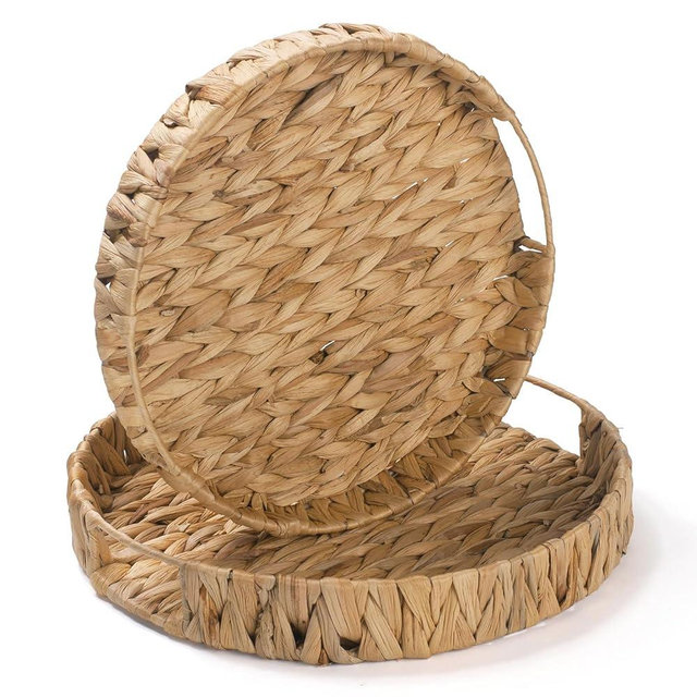 2 Pack Round Woven Tray, Water Hyacinth Serving Basket, Decorative Wicker Tray for Coffee Table, Bathroom, Living Room, Kitchen
