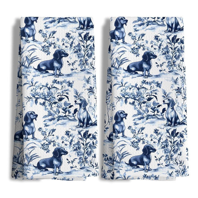 Nipil 256 Chinoiserie Dachshund Kitchen Towels, Blue and White Floral Botanical Dachshund Decorative Dish Tea Towels Set of 2, Grandmillennial Weiner Dog Hand Towels for Kitchen Bathroom, 16x24 Inch