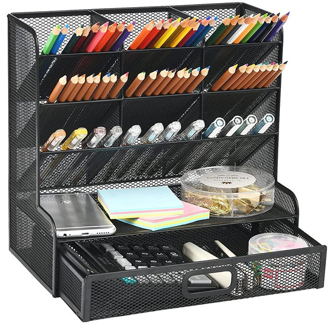 Marbrasse Mesh Desk Organizer, Multi-Functional Pen Holder, Pen Organizer for desk, Desktop Stationary Organizer, Storage Rack for School Home Office Art Supplies (Black Mesh Pen Holder with Drawer)
