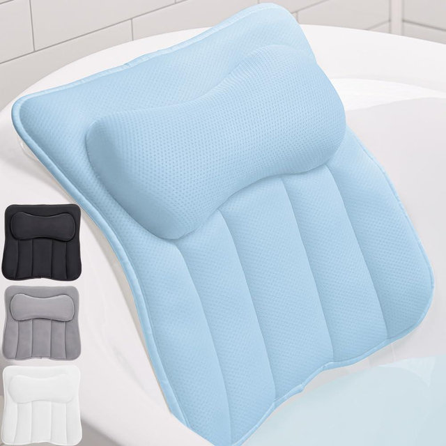 GORILLA GRIP Bath Pillow for Tub, 6 Strong Suction Cups, 4D Mesh FlexComfort Headrest for Neck, Head and Back Support, Luxury Machine Washable Pillows, Bathtub Accessories, Spa Gifts for Women, Blue
