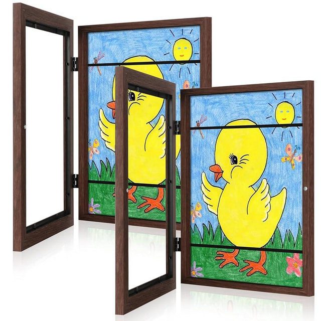 GULETHUN [2-Pack] Kids Art Frames, 8.5x11 Front Opening Kids Artwork Frames Changeable, Brown Artwork Display Storage Frame for Wall, Holds 50 Pcs, for 3D Picture, Crafts, Hanging Art, Portfolio