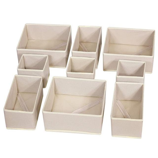 DIOMMELL 9 Pack Foldable Cloth Storage Box Closet Dresser Drawer Organizer Fabric Baskets Bins Containers Divider for Baby Clothes Underwear Bras Socks Lingerie Clothing,Beige 333