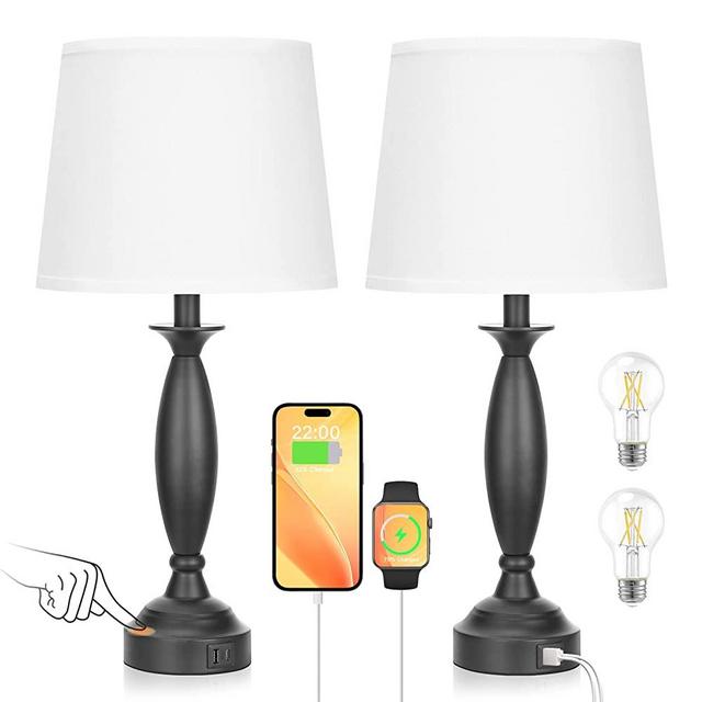 White Lamps for Bedrooms Set of 2 - Touch Control Bedside Lamp with USB C+A, 3 Way Dimmable Nightstand Lamps with USB Port, Table Lamp for Living Room(White Shade and Black Base)