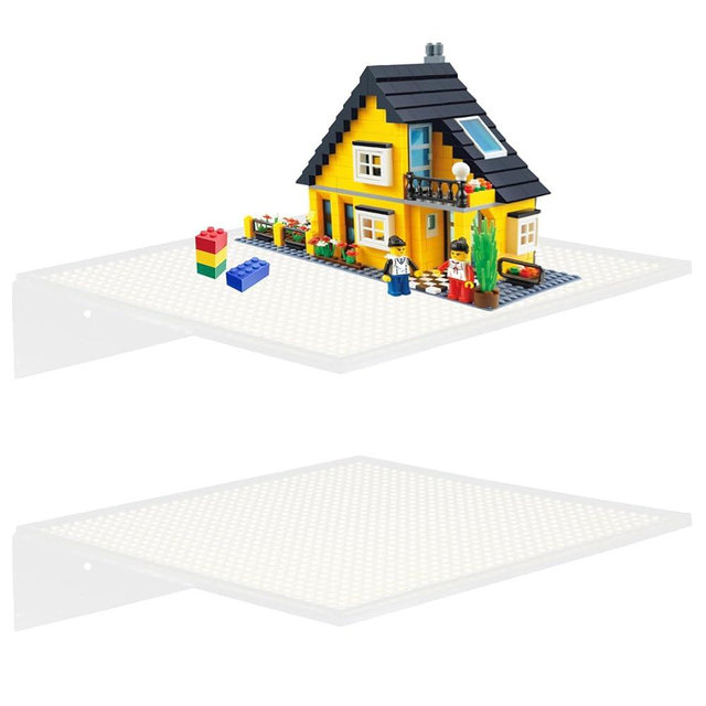2-Pack Display Shelves for Building Bricks, Wall Mount Floating Shelf Acrylic cabinet Display Case Compatible with Lego Collectibles & All Toy Block Brands, 32x32 Stud Base Plate, White(Shelf Only)