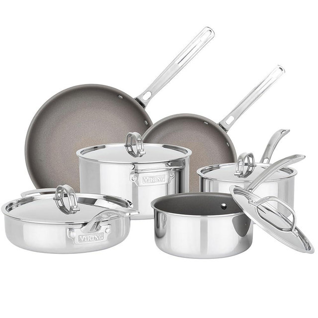 Viking PureGlide Pro 3-Ply Nonstick Cookware Set, Made without PFAS, 10-Piece Induction Pots and Pans Set, Metal Utensil Safe Titanium Nonstick Surface, Oven Safe to 600F