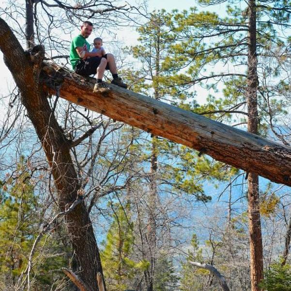 Tyler perched on a fallen tree with Orion @ Big Bear during a family camping trip. Photo courtesy of Steven Widney.