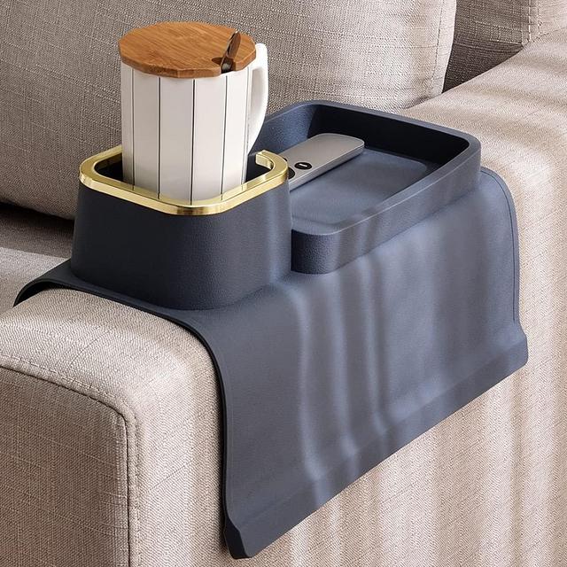 Couch Cup Holder Tray, Silicone Anti-Spill and Anti-Slip Sofa Drink Holder, Strong and Weighted Remote/ Snacks/ Cellphone/ Earbuds Couch Arm Table, Gift for Mom, Dad, Grandma or Grandpa (Navy Blue)