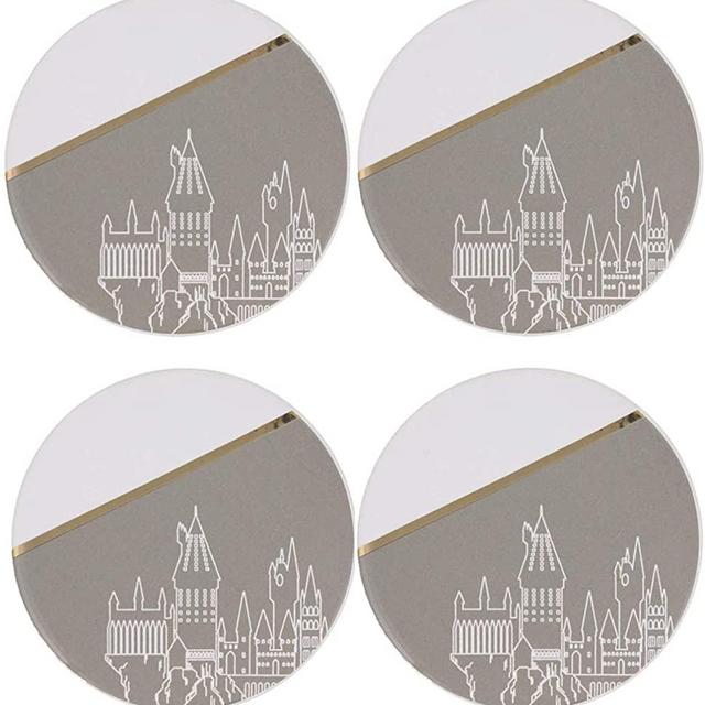 Harry Potter Hogwarts Coaster Set of 4 - Ceramic Coasters with Gold & Gray Hogwarts Castle Design - Great Decor Gift for Women and Men - 4" Each