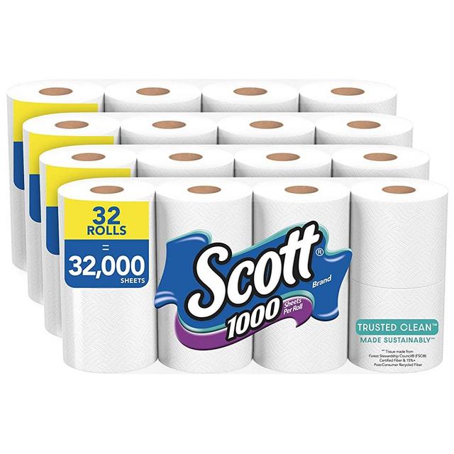 Scott 1000 Trusted Clean Toilet Paper, 32 Rolls (4 Packs of 8), 1,000 Sheets Per Roll, Septic-Safe, Bath Tissue Made Sustainably