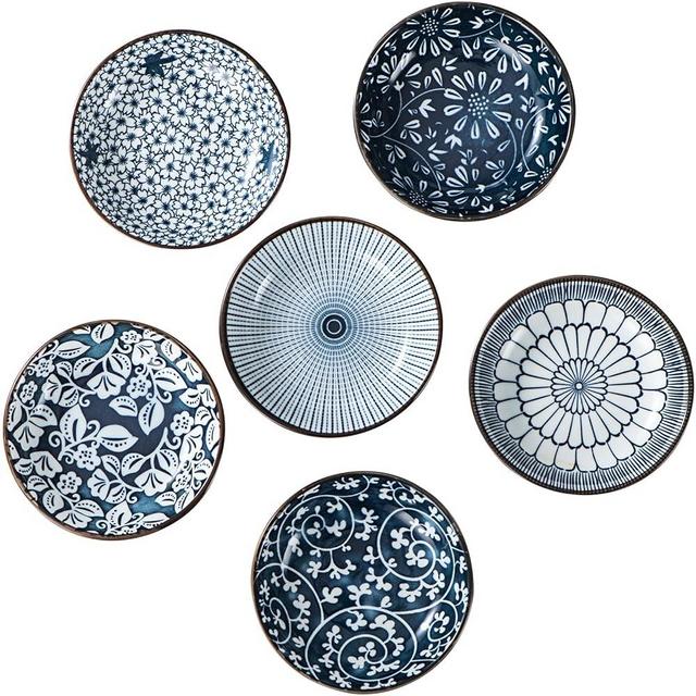 KHOI NGUYEN Dipping Bowls, Soy Sauce Dish Ceramic, 3 OZ Small Serving Bowls for Side Dishes Vintage Blue Stylish Design - Set of 6 Mini Appetizer Plates for Condiment Sushi Ketchup (Small)