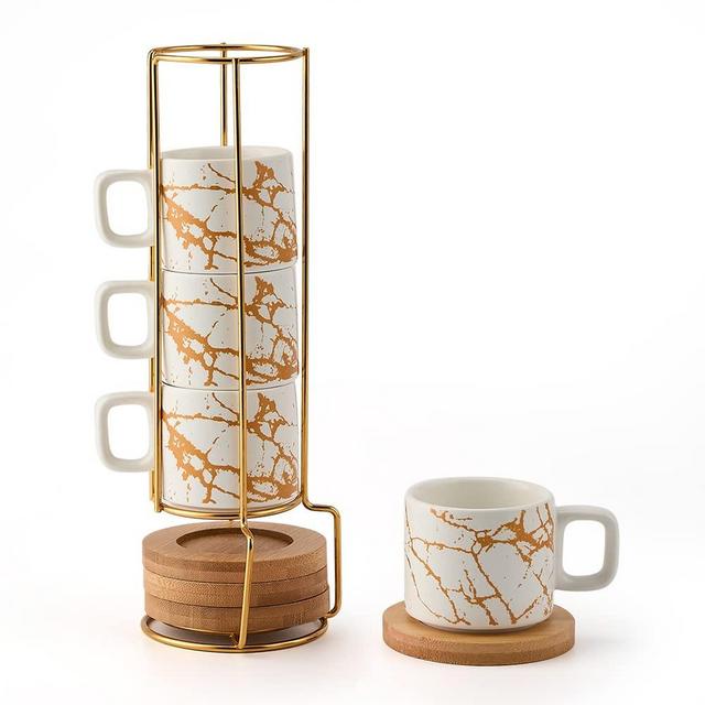LUKA Porcelain Espresso Cup with Saucer and Metal Stand, 4 Ounce Stackable Ceramic Demitasse Espresso Mugs Cups Set for Latte,Coffee,Cafe Mocha,Tea(Set of 4),Marbling White