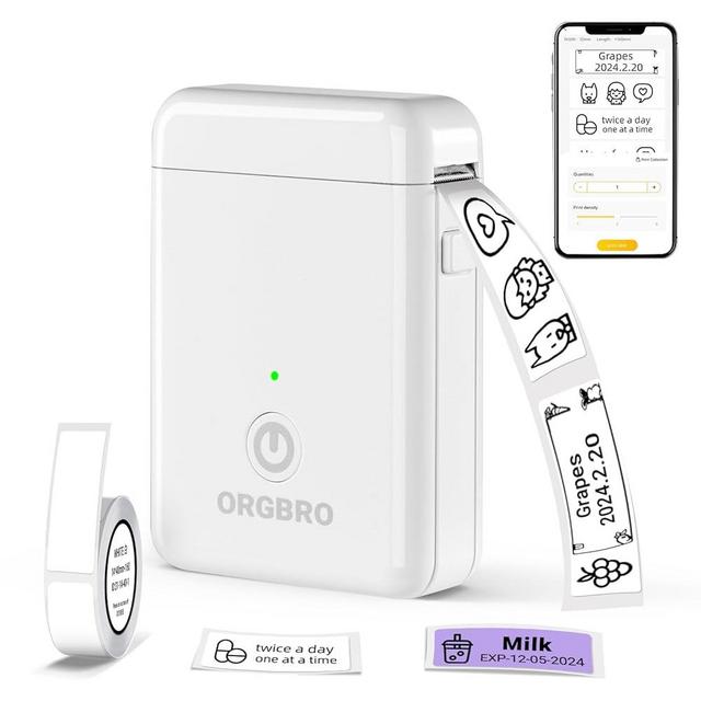 ORGBRO Label Maker Machine with Tape, X1 Portable Bluetooth Mini Label Printer for Organizing Storage, Rechargeable Thermal Label Maker Small Sticker Maker with Multiple Templates, White