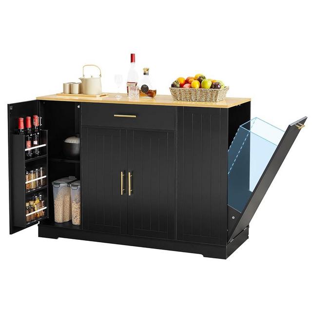 Lyromix 53" Long Kitchen Island with Trash Can Storage, Black Kitchen Cart with Garbage Bin 10 Gallon, Portable Island with Trash Can, Wood Top, Spice Rack and Drawers