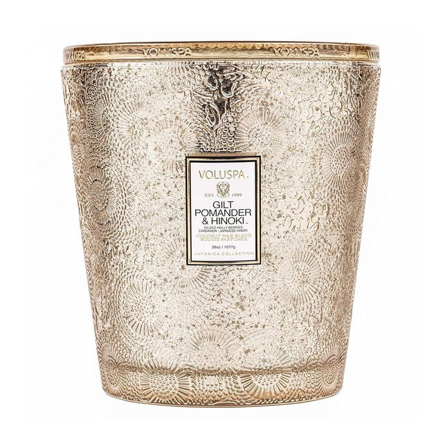 Voluspa Gilt Pomander Hinoki, 3 Wick Boxed Hearth, 38 oz, 80 Hour Burn Time, All Natural Wicks and Coconut Wax for Clean Burning, Vegan, Poured in The USA