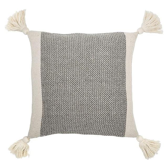 Bloomingville A40110195U1 Grey & Cream Corner Grey Square Cotton Blend Pillow with Tassels, 18"