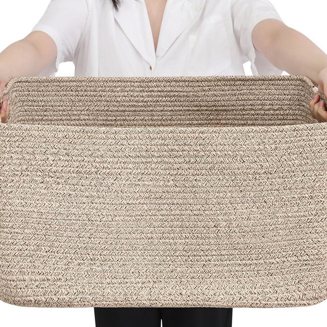 Optish 75L Blanket Basket, Large Woven Baskets for Storage, Blanket Storage for Living Room, Rope Basket with Handles for Bedroom, Nursery, Toys, Clothes, 22” x 17” x 11.5”, Brown